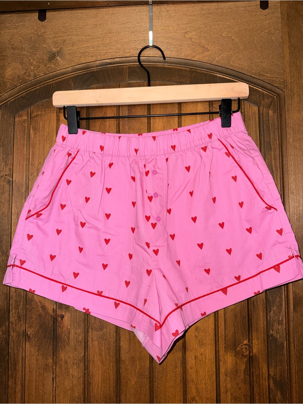 Abercrombie & Fitch Pink Sleep Shorts with Red Heart Print